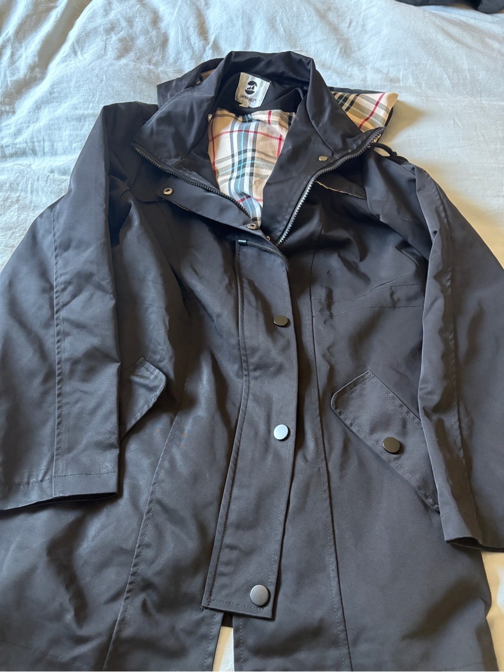 Classic Black Women's Coat with Plaid Lining